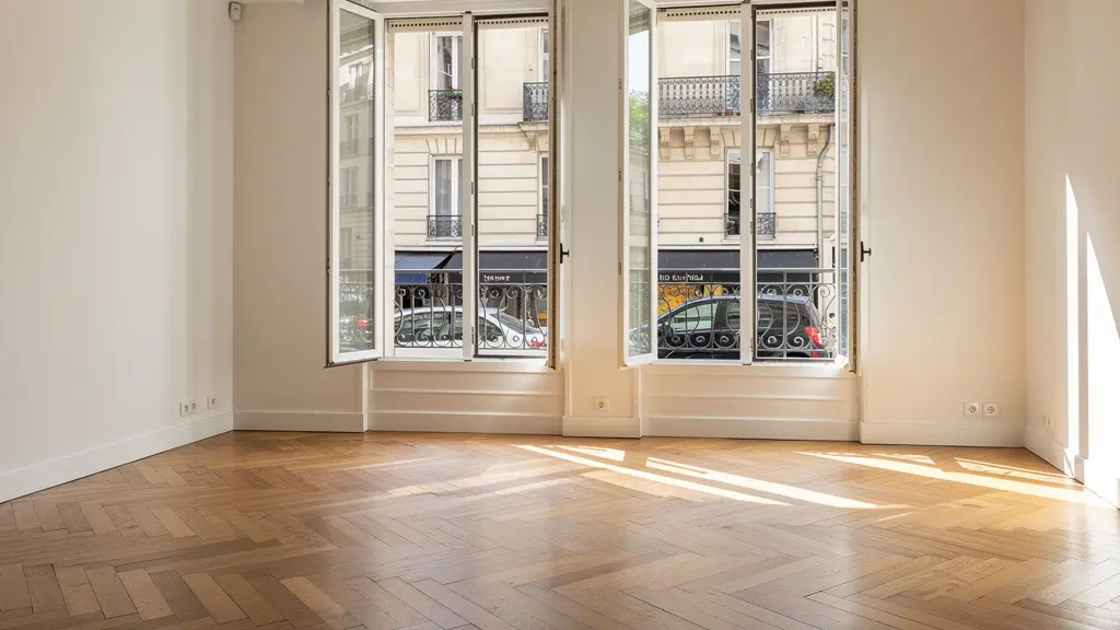Appartement vide lumineux avec parquet symbolisant un futur projet immobilier