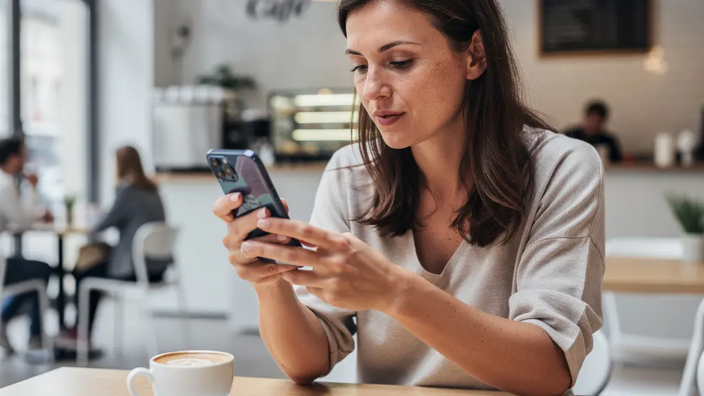 Femme consultant un simulateur de taux crédit immobilier sur smartphone dans un café lumineux