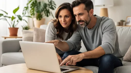 Couple trentenaire consultant un simulateur de crédit immobilier sur ordinateur portable dans leur salon