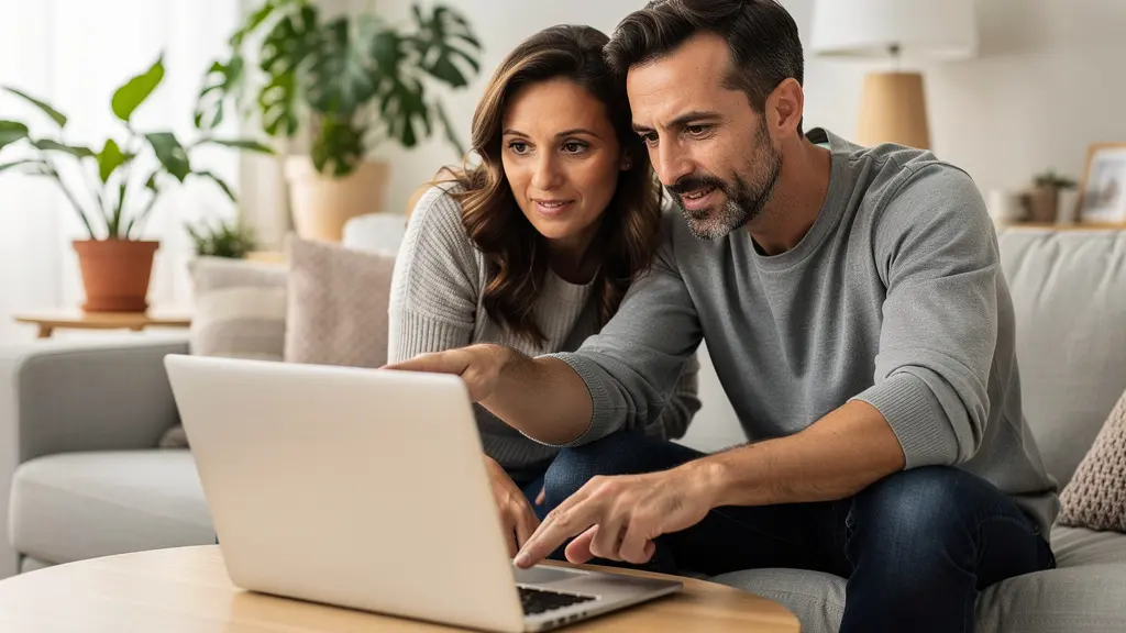 Couple trentenaire consultant un simulateur de crédit immobilier sur ordinateur portable dans leur salon