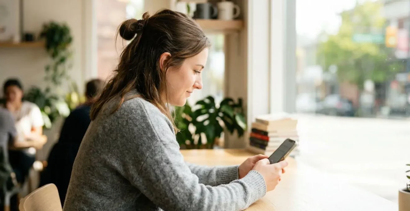 Simulation prêt immobilier - Personne consultant son smartphone dans un espace lumineux