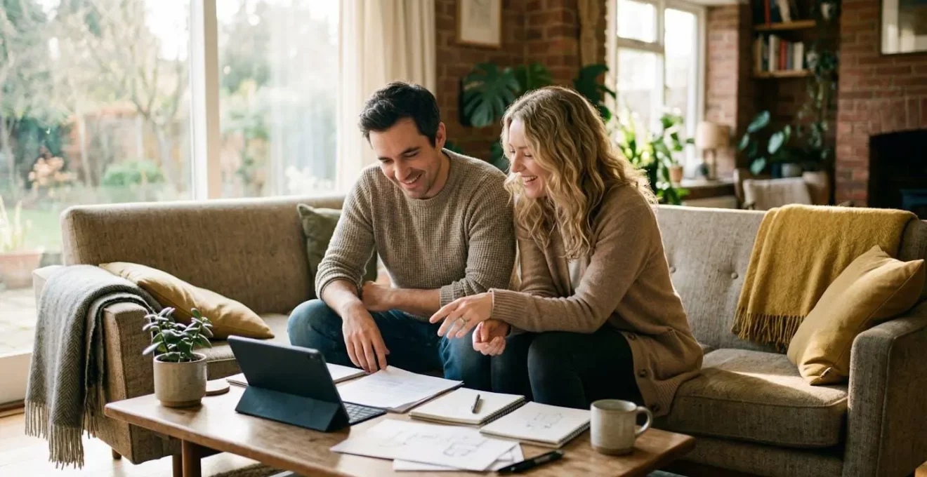 Estimation taux crédit - Couple préparant leur projet immobilier dans un salon lumineux