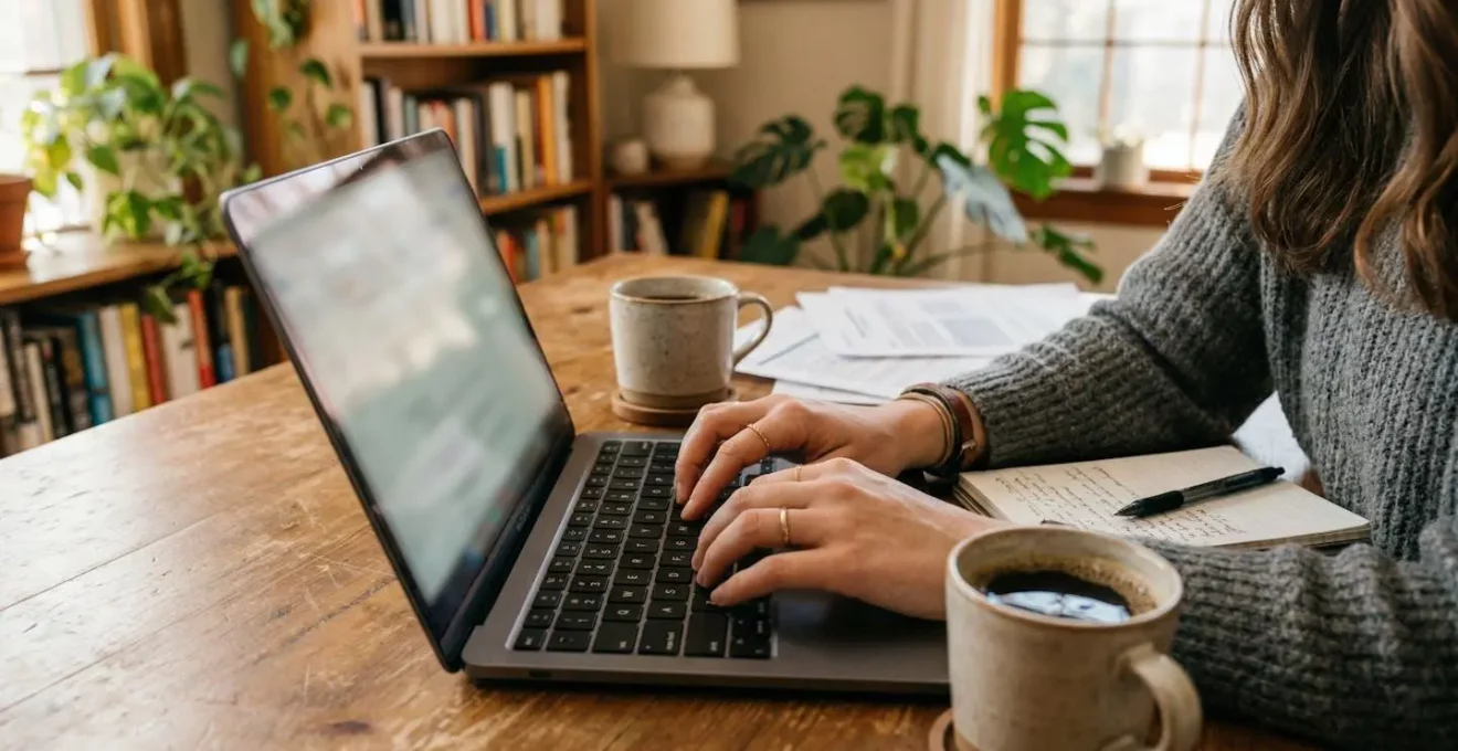 Calcul capacité emprunt - Mains tapant sur clavier avec documents et café